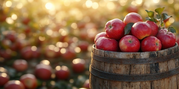 Freshly Harvested Red Apples in a Rustic Wooden Barrel under the Sunlit Orchard Sky