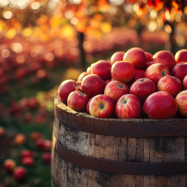 Freshly Harvested Red Apples in a Rustic Wooden Barrel under the Sunlit Orchard Sky