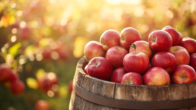 Freshly Harvested Red Apples in a Rustic Wooden Barrel under the Sunlit Orchard Sky