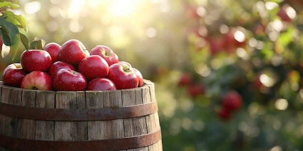 Photo freshly harvested red apples in a rustic wooden barrel under the sunlit orchard sky