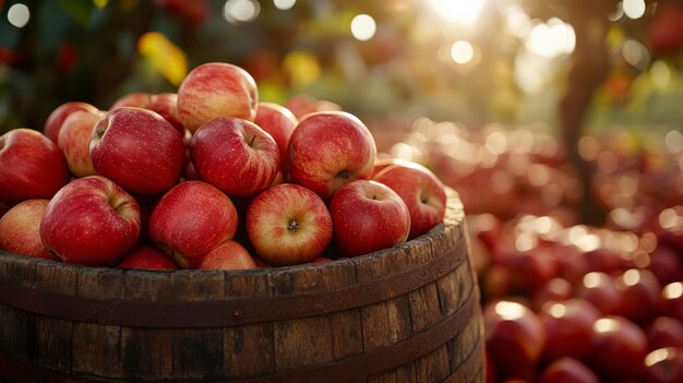 Freshly Harvested Red Apples in a Rustic Wooden Barrel under the Sunlit Orchard Sky