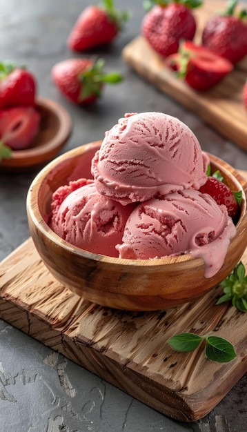 Freshly harvested strawberry ice cream on blurred background with space for text