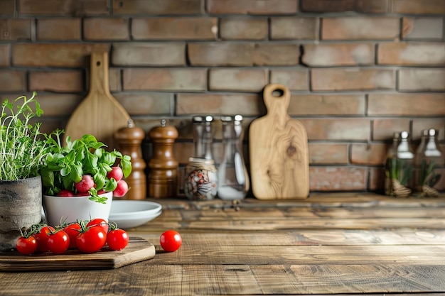 Freshly Harvested Tomatoes and Radishes on a Rustic Wooden Kitchen Counter