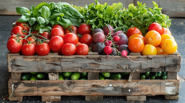 Freshly harvested vegetables arranged in a rustic wooden crate