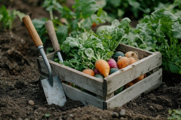 Photo freshly harvested vegetables in a wooden crate beside a gardening tool in the soil