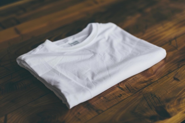 A freshly laundered white tshirt lies folded on a weathered wooden tabletop