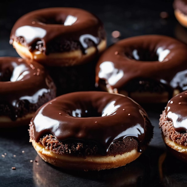 Photo freshly made chocolate donuts with a rich glaze and creamy filling sit on parchment paper they are p