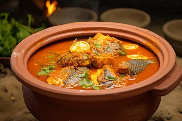 Freshly made fish curry in clay pot