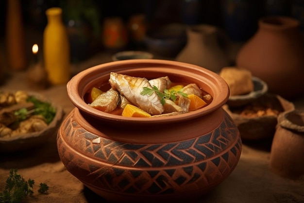 Freshly made fish curry in clay pot