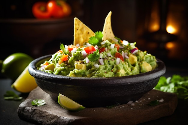 Freshly made guacamole in a traditional molcajete with tortilla chips