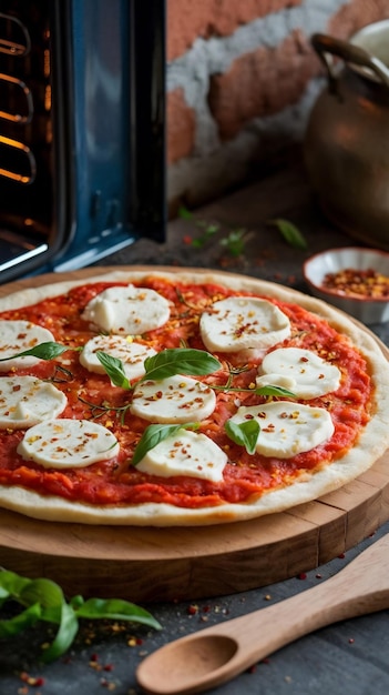 Freshly made homemade pizza from oven with mozzarella and tomato sauce