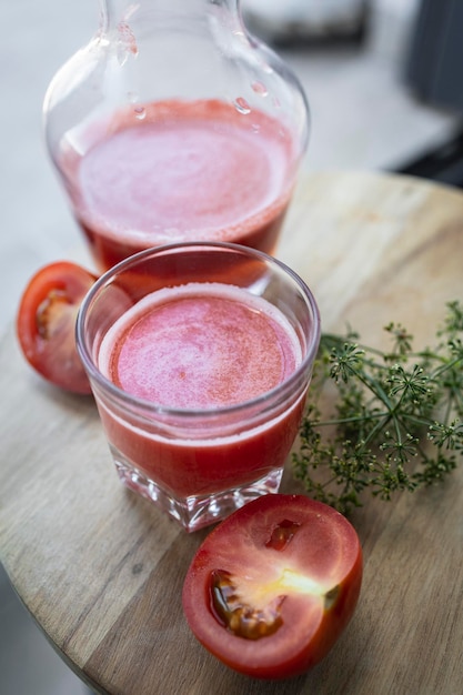 Freshly made and homemade red tomato juice Tomatobased healthy breakfast or drink