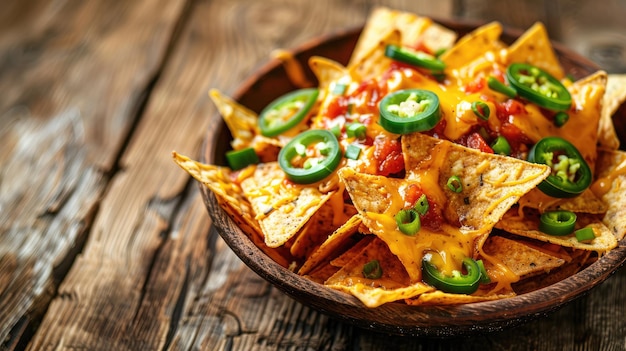 Photo freshly made nachos topped with melted cheese jalapenos and green onions in wooden bowl