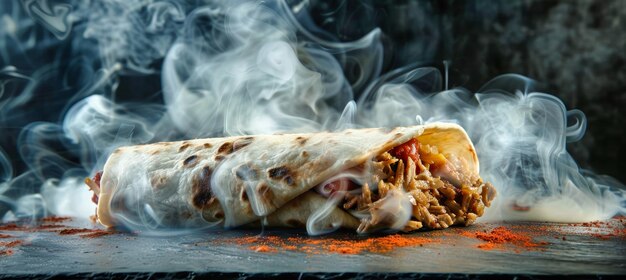 A freshly made shawarma steaming and glistening rests on a dark textured surface surrounded by a wispy cloud of smoke