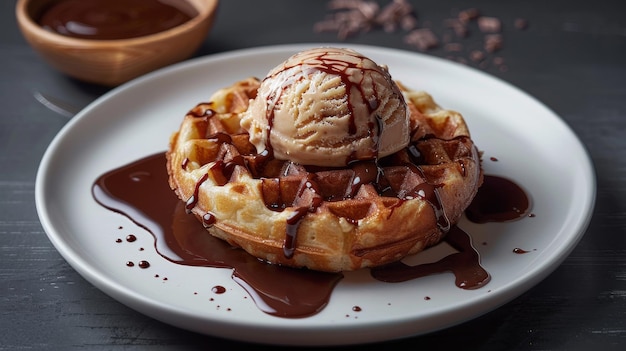 Photo a freshly made waffle topped with a generous scoop of ice cream and drizzled with rich chocolate sauce