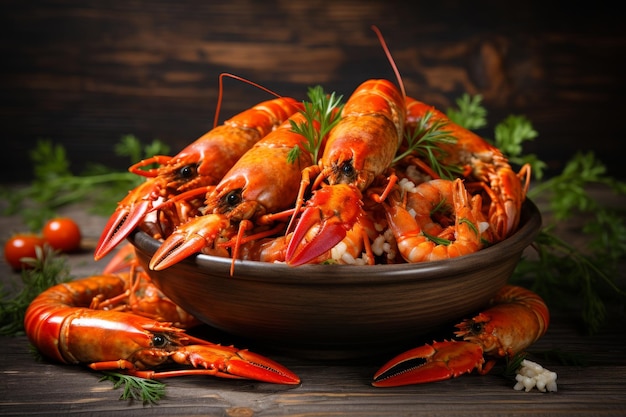 Freshly opened langoustines mountain in clay dish with herbs seafood delicacy concept