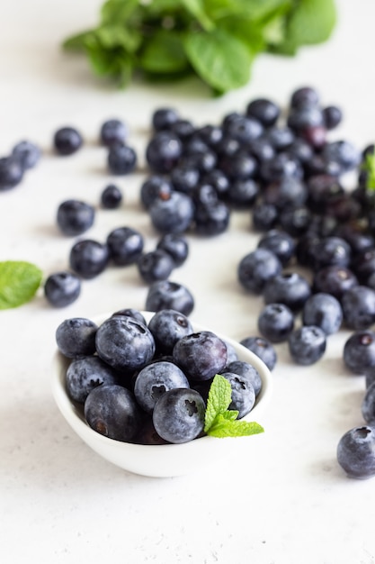 Freshly picked blueberries in a white ceramic bowl.