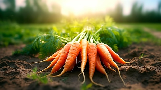 Freshly picked carrots on the soil in a field of a farm agriculture and vegetables farming concept Generative AI