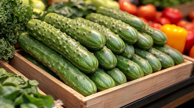 Photo freshly picked cucumbers at a market