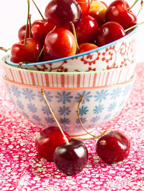 Freshly picked heap of cherries in bowl.