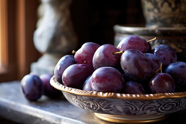 Freshly picked plums in a bowl Generative AI