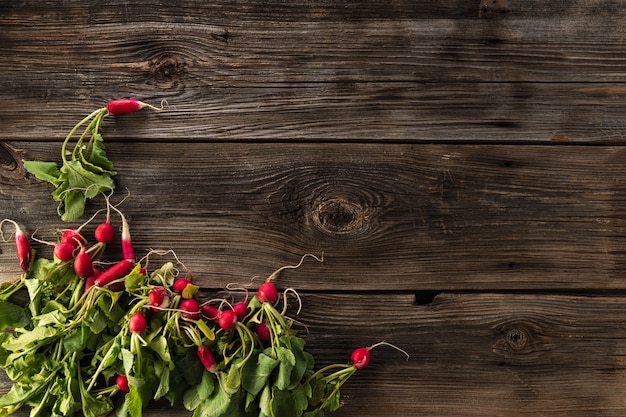 Freshly picked radish with tops leaves harvesting home harvest lies on old wooden boards