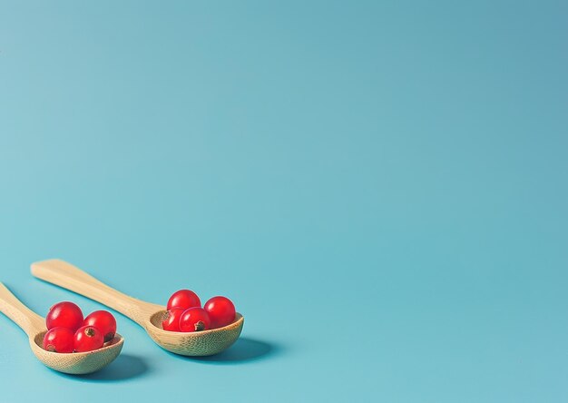 Freshly picked red berries in a wooden spoon surrounded by lush green leaves on a textured blue background