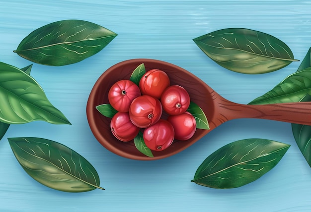 Freshly picked red berries in a wooden spoon surrounded by lush green leaves on a textured blue background