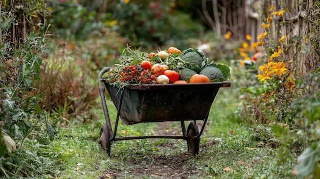 Photo freshly picked vegetables in rustic wheelbarrow on garden path