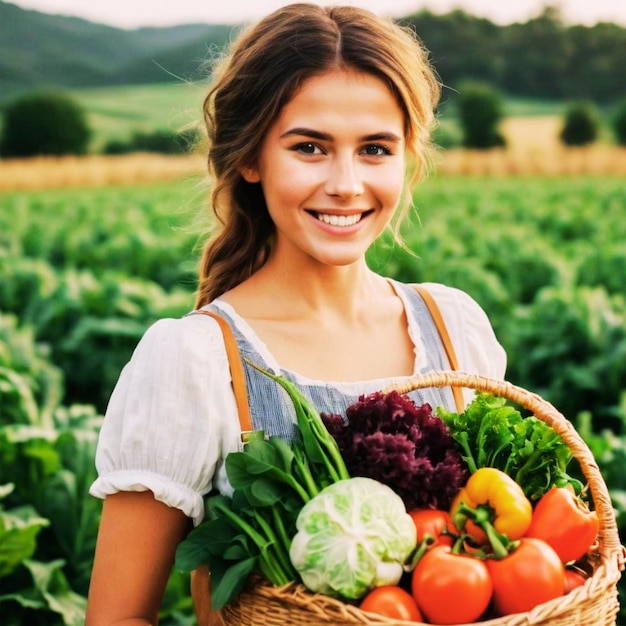 Freshly picked veggies in a basket held by a woman