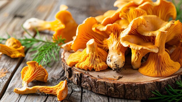 Photo freshly picked wild chanterelle mushrooms on rustic background