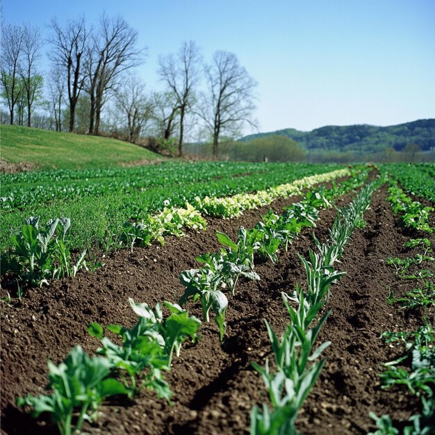 Photo freshly planted vegetable beds with early spring crops