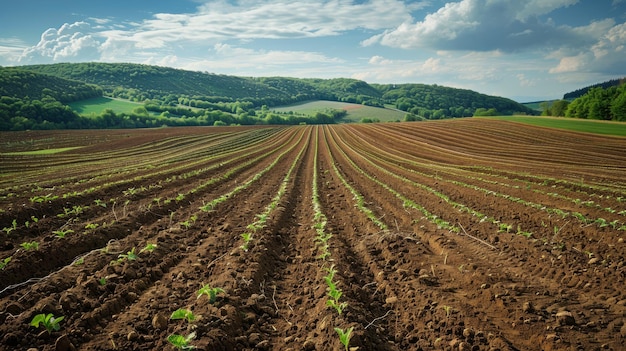 A freshly plowed field near a dam showcasing rows of young plants ready for growth and harvest