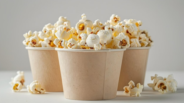 Freshly Popped Buttery Popcorn in a Rustic Wooden Basket on a Simple White Background