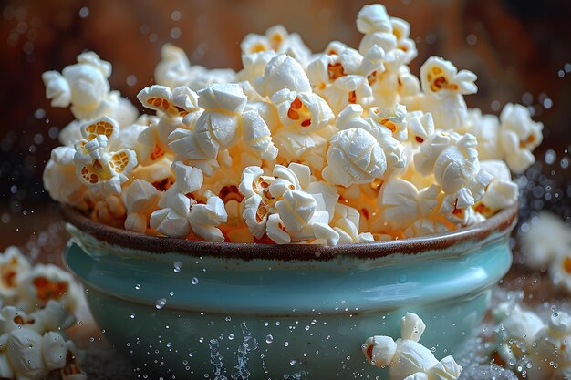 Freshly Popped Popcorn in Ceramic Bowl with Flying Salt Snack Food Photography for Posters