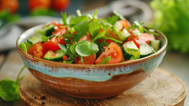 Photo freshly prepared garden salad with colorful vegetables in rustic dining setting