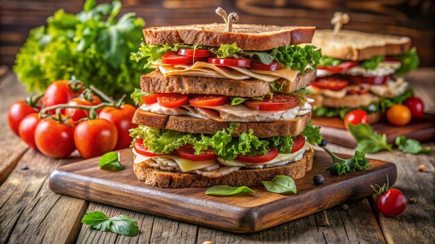 Photo freshly prepared healthy sandwiches stacked on a plate 4k hd photo