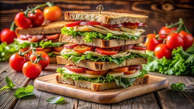 Photo freshly prepared healthy sandwiches stacked on a plate 4k hd photo