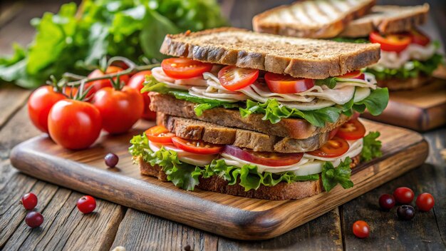 Photo freshly prepared healthy sandwiches stacked on a plate 4k hd photo