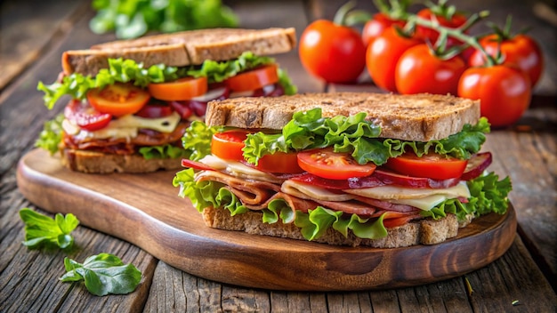 Photo freshly prepared healthy sandwiches stacked on a plate 4k hd photo