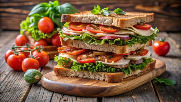 Photo freshly prepared healthy sandwiches stacked on a plate 4k hd photo