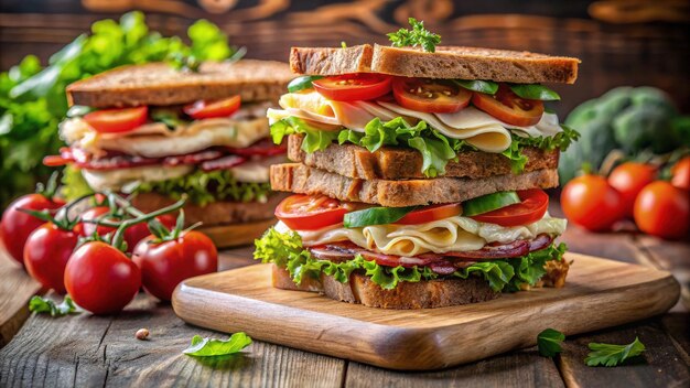 Photo freshly prepared healthy sandwiches stacked on a scale with ripe tomatoes generative ai