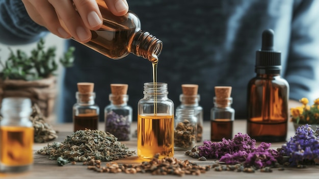 Freshly prepared herbal oil is being carefully poured into glass bottle showcasing natural