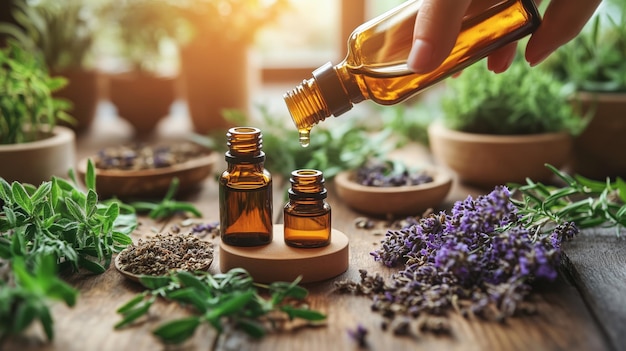 Freshly prepared herbal oil is being carefully poured into small bottles surrounded by aromatic