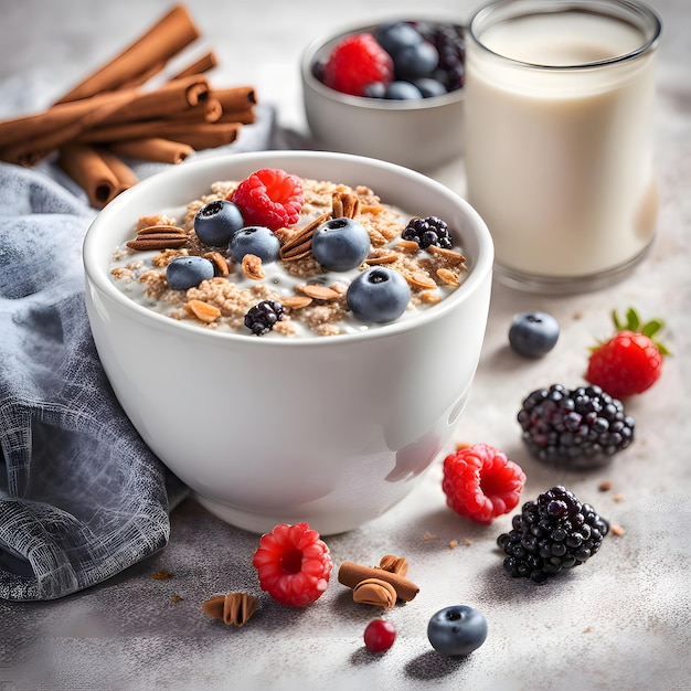 Freshly Prepared Muesli With Milk Chia Seeds Berries and Cinnamon Bright Sunny Morning with Healt