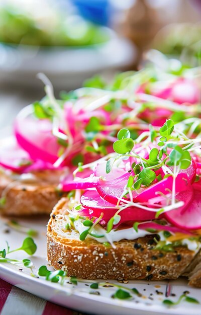 Photo freshly prepared open sandwiches with cream cheese cucumbers and radishes on rustic bread