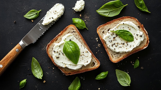 Freshly Prepared Pieces of Bread with Cream Cheese Basil and Knife on Black Background