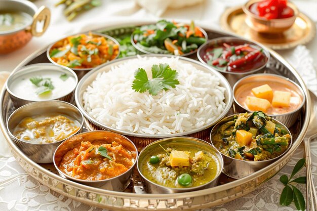 Freshly prepared plate of vegetarian thali