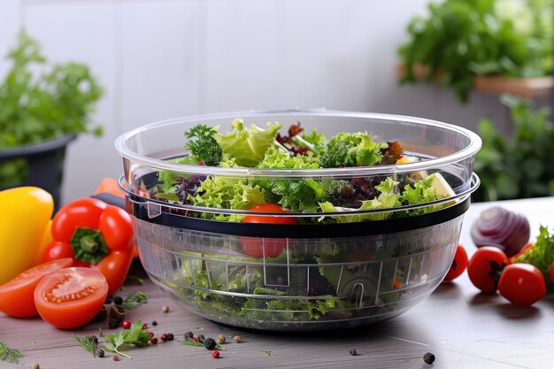 Photo freshly prepared salad in a clear bowl with colorful vegetables on a kitchen countertop