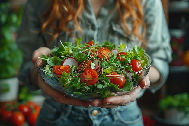 Photo freshly prepared salad with cherry tomatoes and greens in a kitchen garden setting during daylight